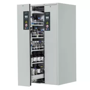 Image of asecos Type 90 fire resistant vertical pull-out cabinet, 2 drawers, 8 shelves, light grey