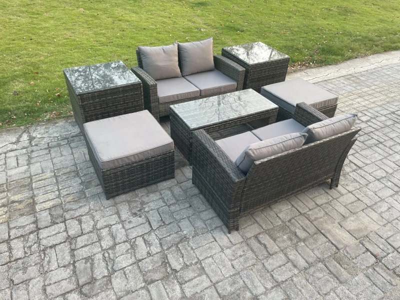 Image of Fimous High Back Rattan Garden Furniture Sofa Sets with Rectangular Coffee Table 2 Side Tables 2 Big Footstool Dark Grey Mixed Dark Grey Unisex