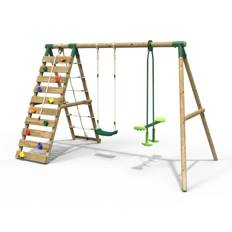 Image of Rebo Wooden Double Swing Set with Glider and Up and Over Climbing Wall - Isla Green Green