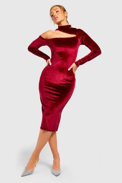 Image of Velvet Asymmetric Neck Midi Dress