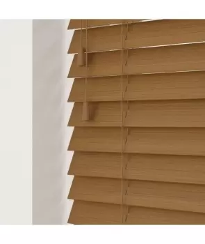Image of Truffle 50mm Fine Grain Slatted Faux Wood Venetian Blinds with Strings 130cm Drop