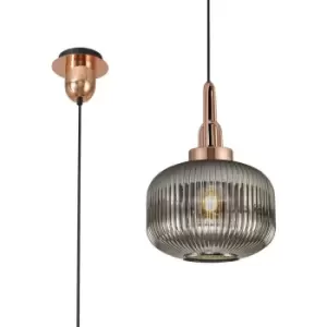 Image of Luminosa 1 Light Pendant E27 With 30cm Pumpkin Shaped Ribbed Glass, Smoked Copper, Matt Black
