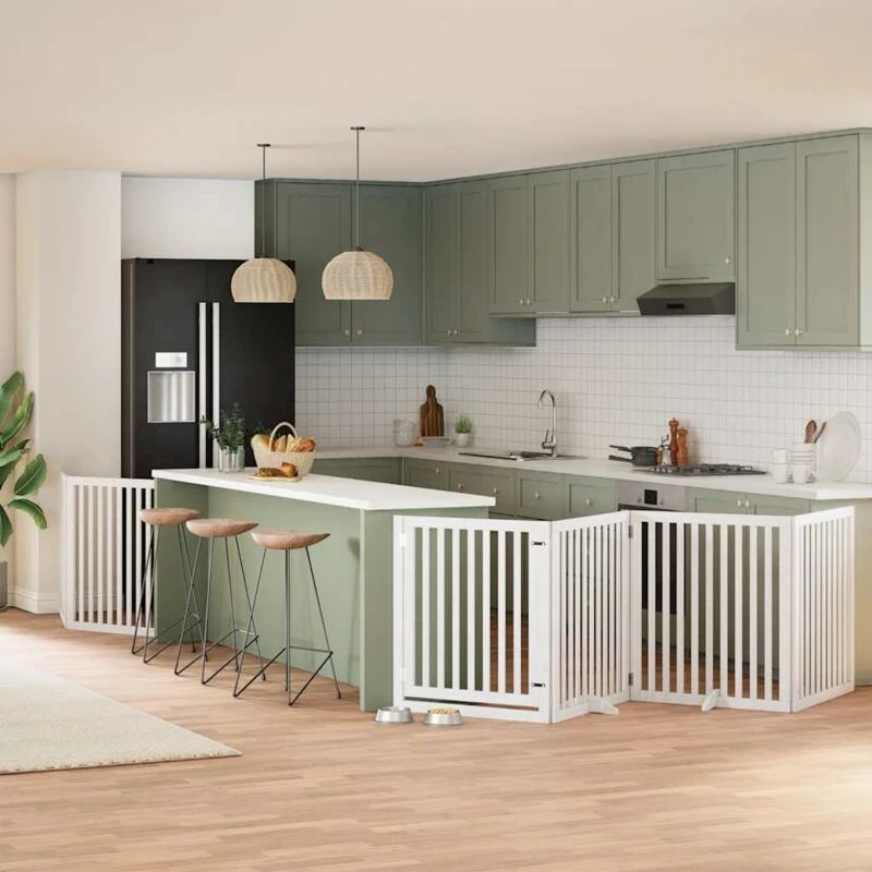 Image of vidaXL Dog Gate with Door Foldable 6 Panels White 480cm Poplar Wood, White 3155677