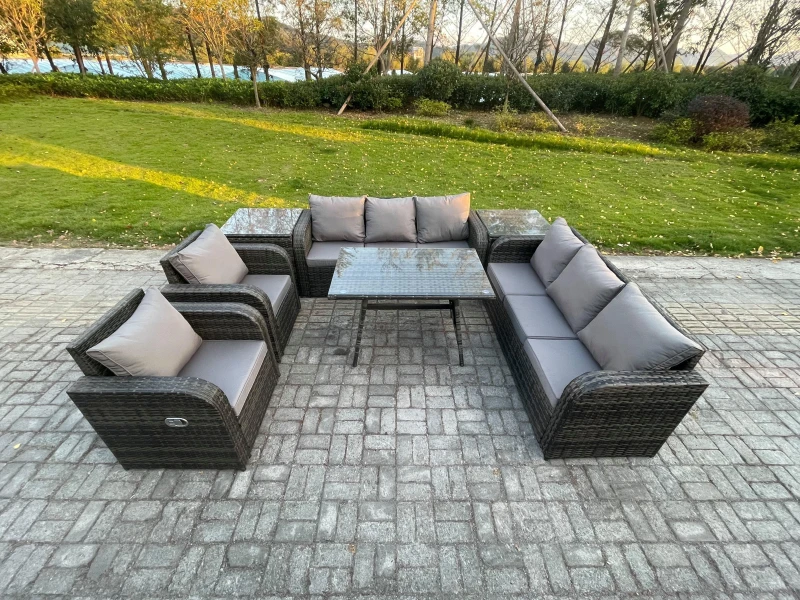 Image of Fimous 8 Seater Rattan Outdoor Garden Furniture Sofa Set Patio Table & Chairs Set with 3 Seater Sofa Rectangular Dining Table 2 Side Tables Dark Grey