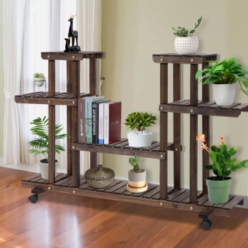 Image of Outsunny Wooden Rustic 4-Tier Plant Stand with Wheels and Handle Indoor & Outdoor Flower Pot Organizer Storage Rack for Garden Balcony Living Room