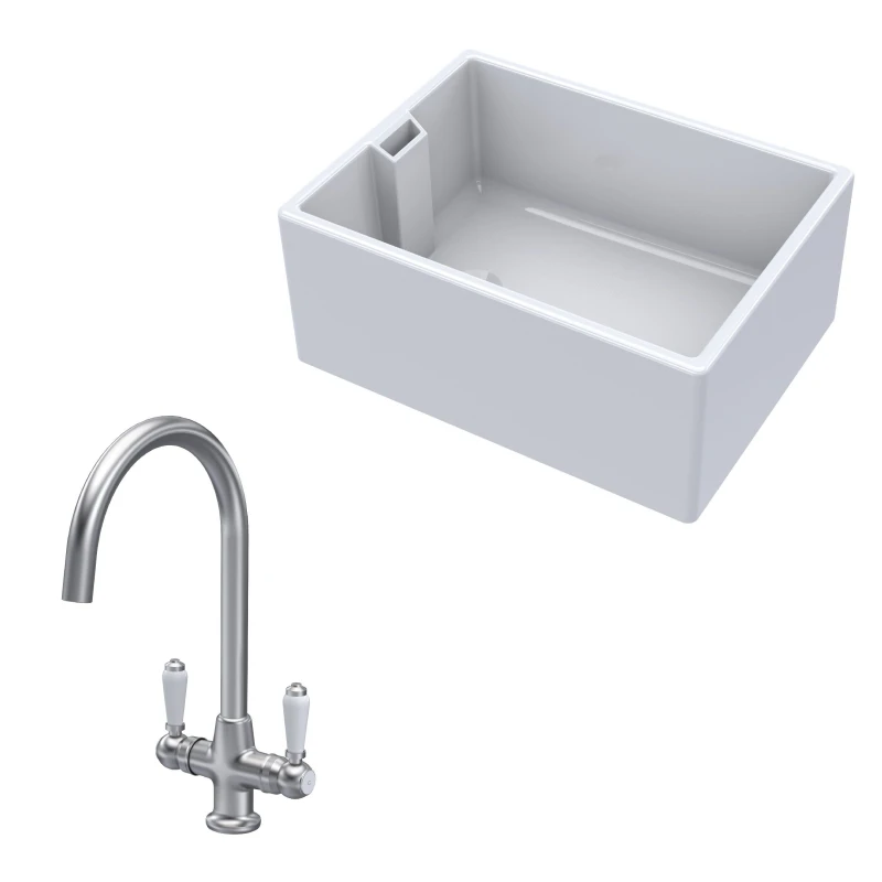 Image of Balterley Fireclay 1 Bowl Belfast Sink Handle Tap Brushed Nickel 615mm in White White Unisex