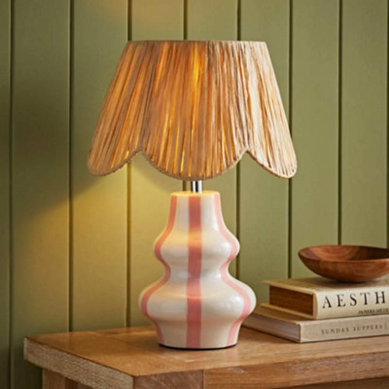 Image of ValueLights Perrie Ceramic Pink Stripe Table Lamp with Raffia Lamp Shade Pink
