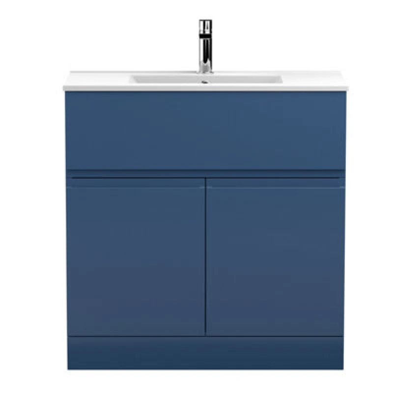 Image of Nuie Hudson Reed Urban Floor Standing 2 Door 1 Drawer Vanity Unit With Minimalist Basin, Modern Vanity Unit In Satin Blue, 800mm