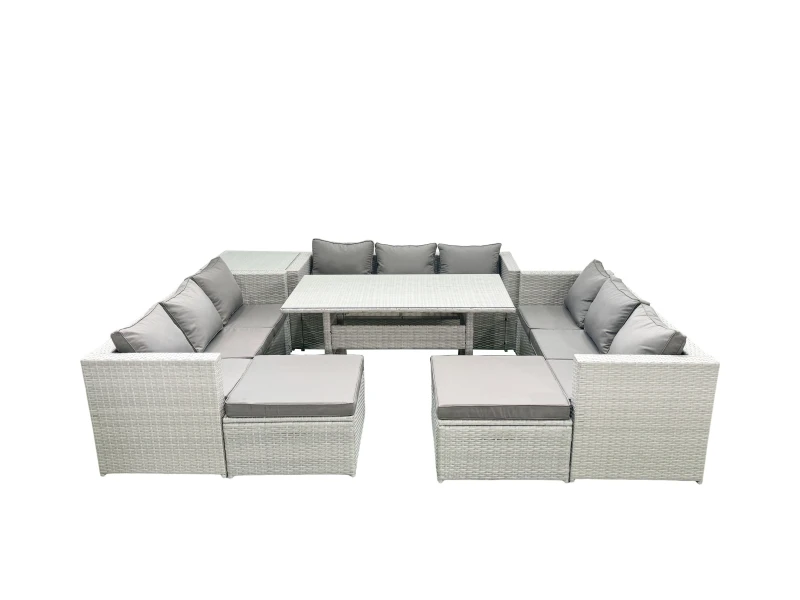 Image of Fimous Rattan Garden Outdoor Furniture Set 11 Seater Garden Sofa Rectangulr Dining Table Set with 2 Big Footstools Side Table Light Grey Mixed Light G