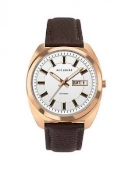 Image of Accurist Retro Range White And Rose Gold Detail Daydate Dial Brown Leather Strap Watch