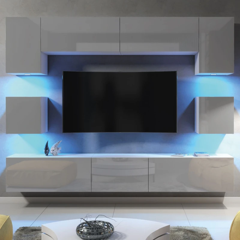 Image of Mex Furniture LTD TV Wall Unit with LED Lighting & Gloss Doors / 242cm in Grey Grey Unisex