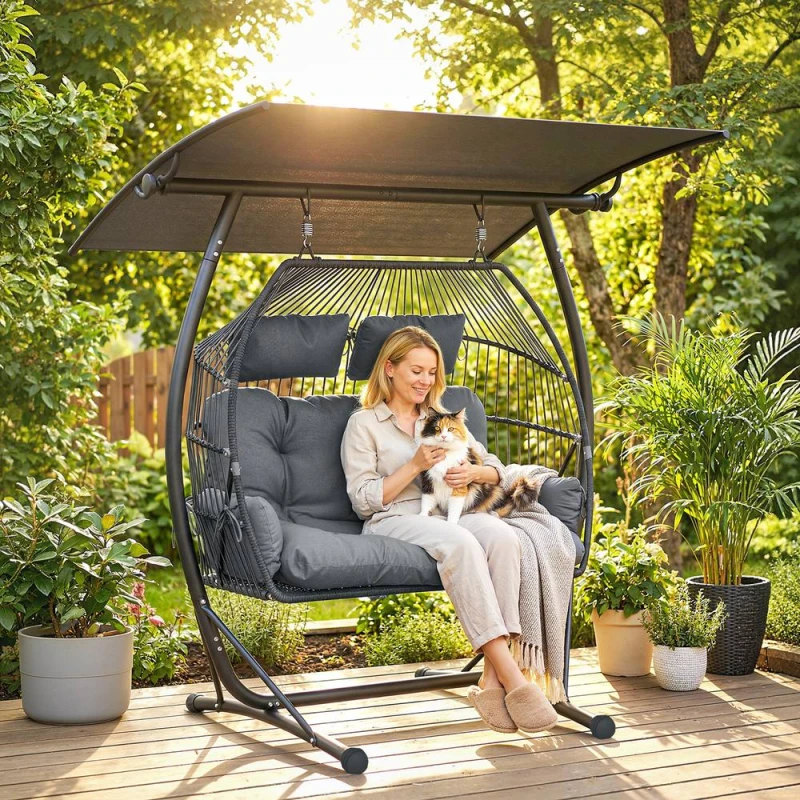 Image of OUTSUNNY Double Hanging Egg Chair with Canopy, Egg Swing Chair, Dark Grey Dark Grey Unisex