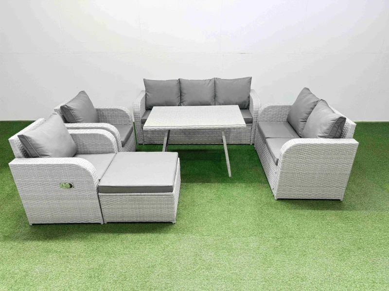 Image of Fimous Outdoor Rectangular Table Sofa Set with Reclining Chair Big Stool in Light Grey Light Grey Unisex