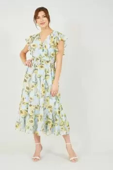 Image of Blue Sunflower Print Midi Dress