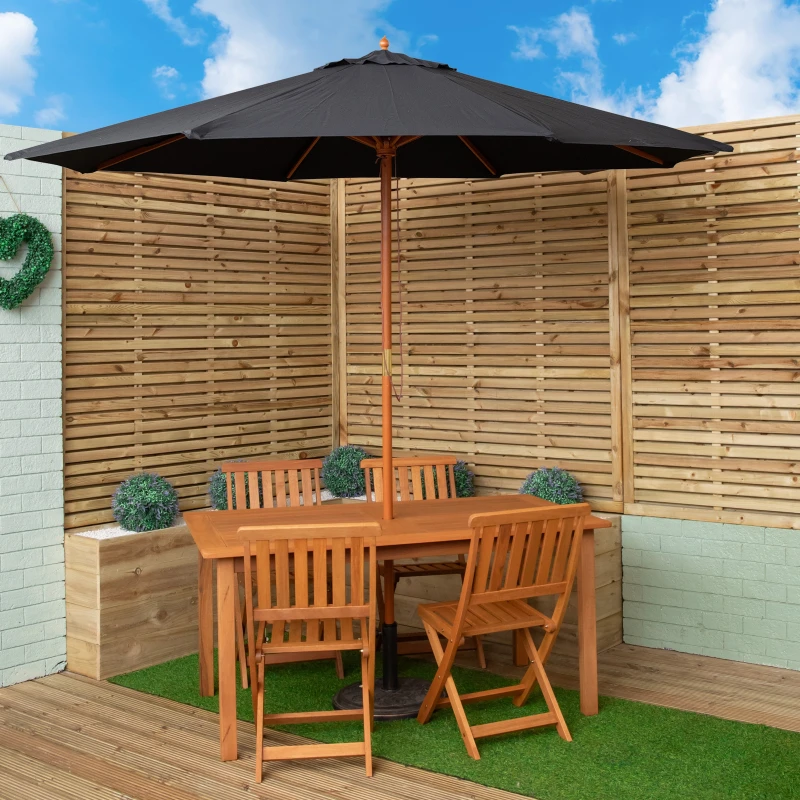 Image of Outdoor 4 Person Rectangular Wooden Garden Patio Dining Table Chairs with Black Parasol and Base Set