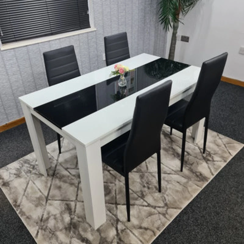 Image of KOSY KOALA Kosy Koala - Dining Table and 4 Chairs White Black Wood 4 Leather Black Chairs Dining Room Modern w/b 117 + 4 Black metal