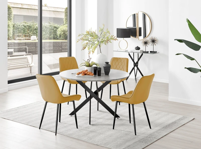 Image of FurnitureboxUK FurnitureboxUK Novara Grey Concrete Effect Black Leg 120cm Round Dining Table & 4 Pesaro Black Leg Chairs in Mustard Mustard One Size U