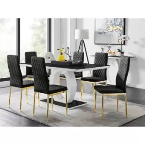 Image of Furniture Box Giovani 6 Black Dining Table and 6 Black Velvet Milan Gold Leg Chairs