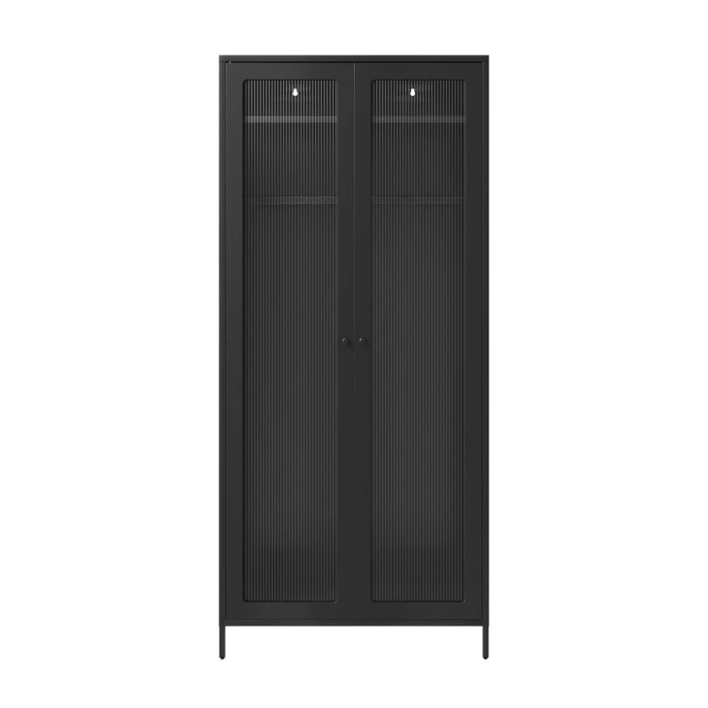 Image of Lemon Pavilion Furniture Storm 2 Door Wardrobe - Steel/Glass - Black - Flat Packed Black Unisex