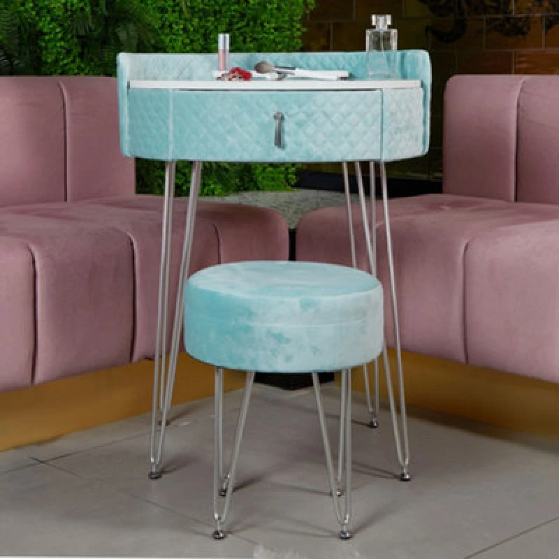 Image of CARME HOME French Riviera Baby Blue Velvet Dressing Table with Velvet Stool Baby Blue