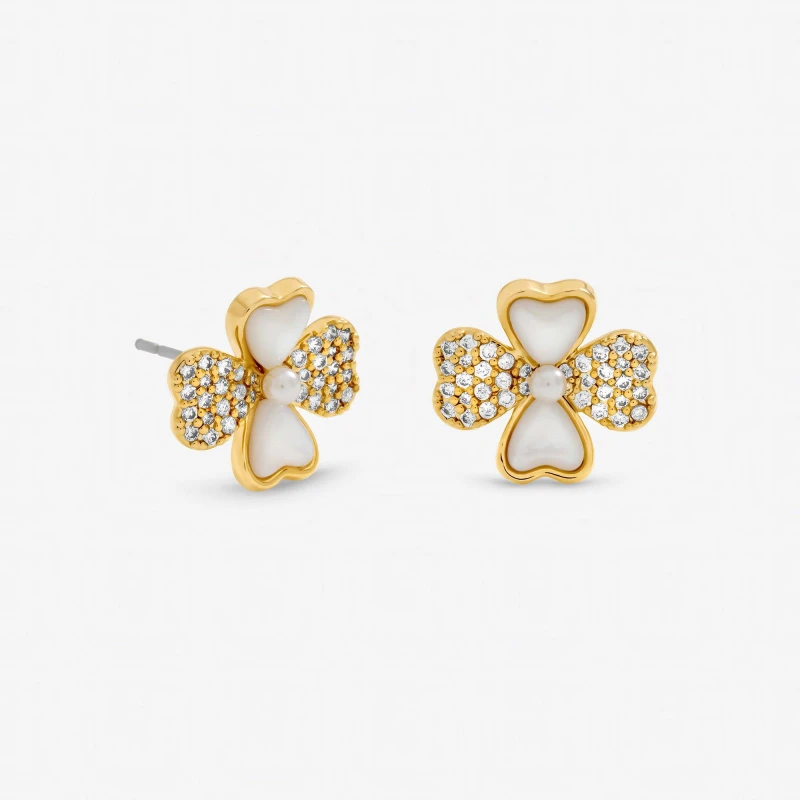 Image of Inicio Mother of Pearl Pave Clover Studs - Gift Pouch Stud Earrings One Size Gold 41595310000