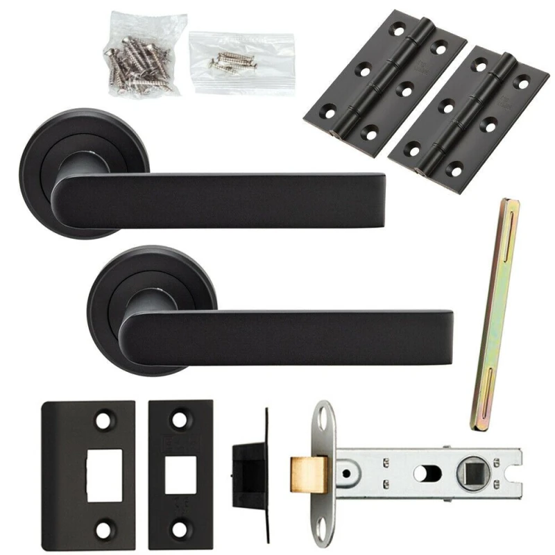 Image of Loops Door Handle & Latch Pack Matt Black Rectangular Lever Screwless Round Rose Black