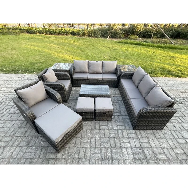 Image of Fimous Rattan Outdoor Garden Furniture Sofa Set Patio Table & Chairs Set with 3 Seater Sofa Reclining Chair 3 Footstools 3 Seater Sofa 2 Side Tables D