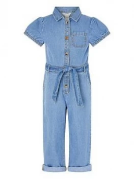 Image of Monsoon Girls Denim Puff Sleeve Jumpsuit - Blue, Size 4 Years, Women