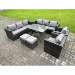 Image of Fimous 8 Seater Outdoor Dark Grey Rattan Lounge Complete Sofa Set with Dining Table, 2 Armchairs, and 2 Small Footstools