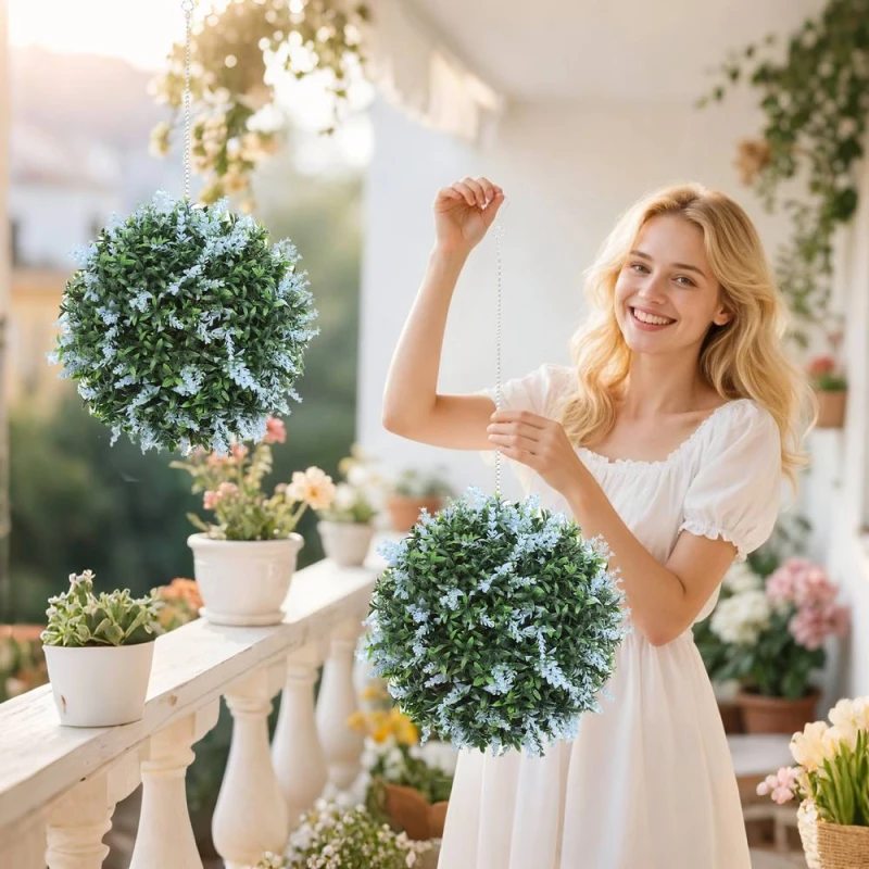 Image of HOMCOM Set of 2 Artificial Plant Topiary Balls, Faux Plants in Blue Blue Unisex