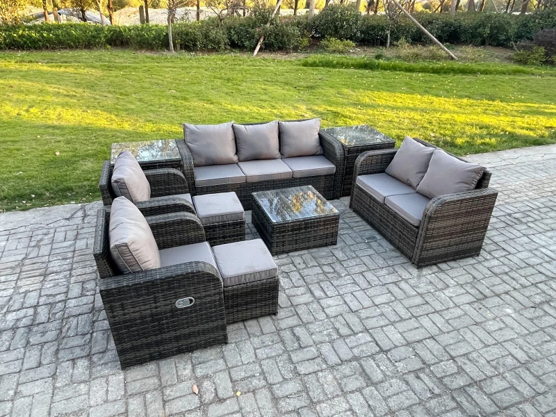 Image of Fimous 9 Seater Garden Furniture Set Rattan Outdoor Lounge Sofa Chair With Tempered Glass Table 2 Small Footstools 2 Side Tables Dark Grey Mixed Dark