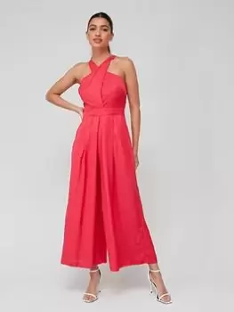 Image of Karen Millen Linen Halter Jumpsuit - Hot Pink, Size 16, Women