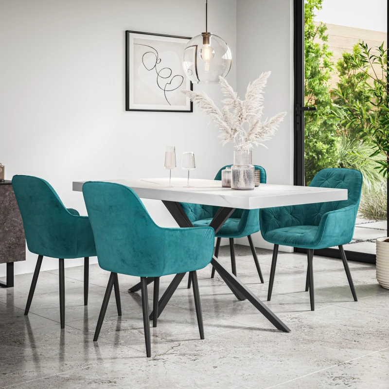 Image of More4Homes Donni Dining Table And Chairs - White Marble Effect Table Top W Black Legs + Anika Velvet Dining Chair Set Of 4 (Blue)