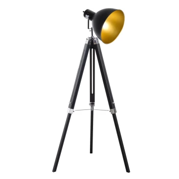 Image of HOMCOM Industrial Floor Lamp for Living Room Tripod Spotlight Reading Lamp w/Wood Legs Metal Shade Adjustable Height Angle for Bedroom Home Office Bla