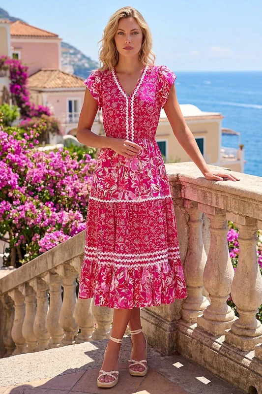 Image of Roman Womens Floral Contrast Stitch Midi Dress in Pink Size: 10 Pink Female 10
