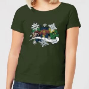 Image of Marvel Thor Iron Man Hulk Snowflake Womens Christmas T-Shirt - Forest Green - L