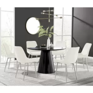 Image of Furniturebox Palma Black Semi Gloss 120cm Round Minimalist Dining Table & 6 Cream Pesaro Silver Leg Chairs