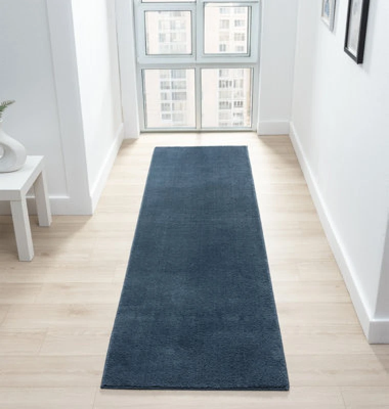 Image of Comfy Washable Low Pile Living Room Area Rug - Anti Slip Felt Backing Navy 60Cm X 200Cm