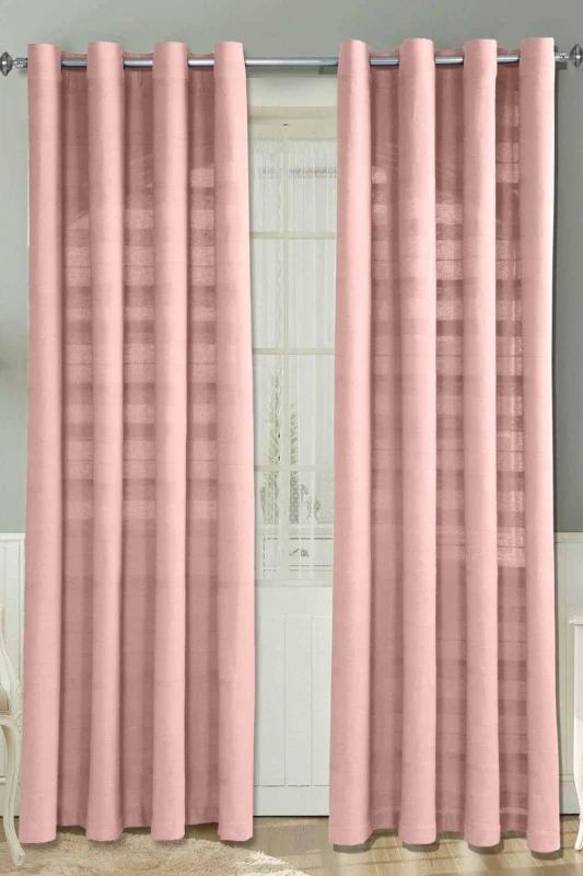 Image of Homescapes Cotton Rajput Ribbed Pink Curtain Pair, 66 X 72" Drop