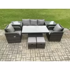 Image of Fimous 5 Seater Outdoor Dark Grey Rattan Lounge Complete Sofa Set with Adjustable Table, 2 Side Tables and 2 Stools