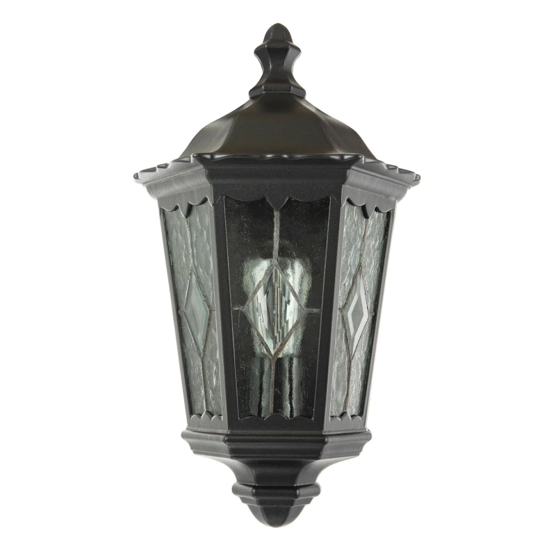 Image of Happy Homewares Traditional Black Half Lantern Outdoor Wall Lamp with Cathedral Textured Glass Black Unisex