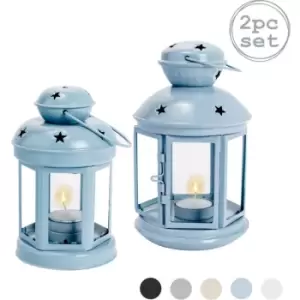 Image of Metal Hanging Tealight Lanterns - 2 Sizes - Blue - Pack of 2 - Nicola Spring