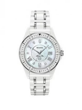 Image of Bulova Mother Of Pearl And Diamond Set Date Dial White Ceramic And Silver Detail Bracelet Ladies Watch
