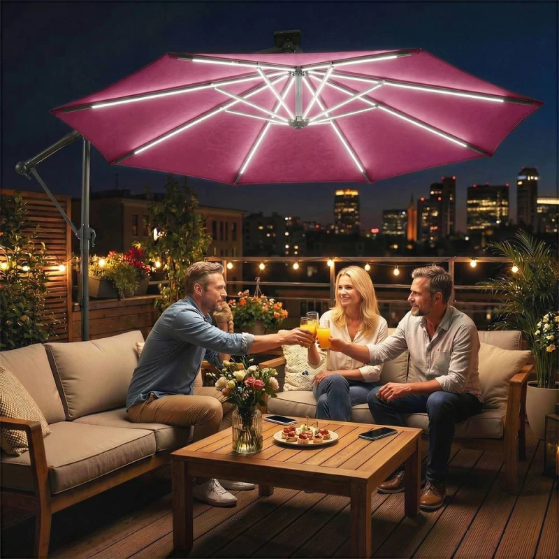 Image of OUTSUNNY 3m Garden Cantilever Parasol with Solar Light, Rotation in Red Size: 3m x 3m Red Unisex 3m x 3m
