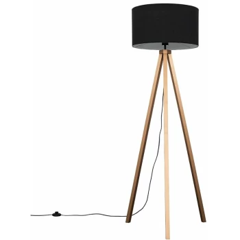 Image of Copper Wood Tripod Floor Lamp with Drum Shade - Black