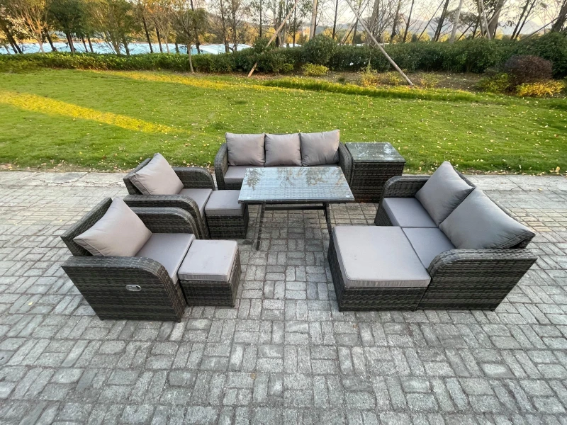 Image of Fimous Outdoor Rattan Garden Furniture Set 10 Seater Patio Lounge Sofa Set with Dining Table 3 Footstools Side Table Dark Grey