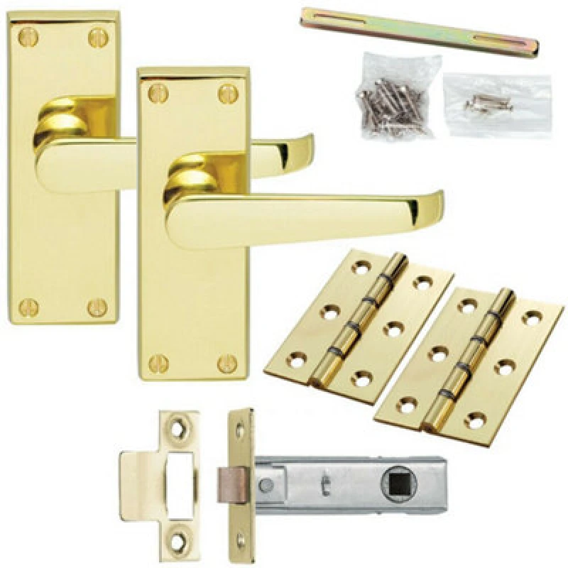 Image of Loops Door Handle & Latch Pack Brass Victorian Straight Lever on Square Backplate Metallics