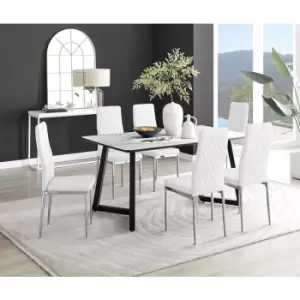 Image of Furniturebox UK - Furniturebox Carson White Marble Effect Rectangular 160cm Dining Table & 6 White Milan Chrome Leg Faux Leather Chairs