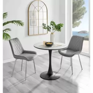 Image of Furniture Box Elina White Marble Effect Round Dining Table and 2 Grey Pesaro Silver Chairs