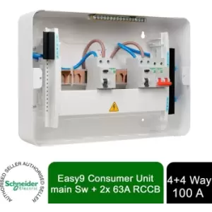 Image of Schneider Electric - Easy9+ EZ9ER4R4MCU Consumer Unit 4+4 100A Main Switch 2x 63A